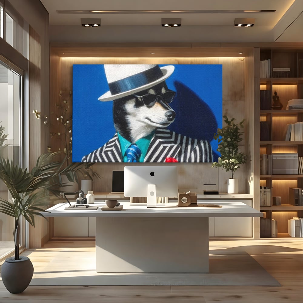 Tablou canvas cu tablou canvas cu caine imbracat elegant, fara rama, pe sasiu de lemn, pe perete intr-un birou